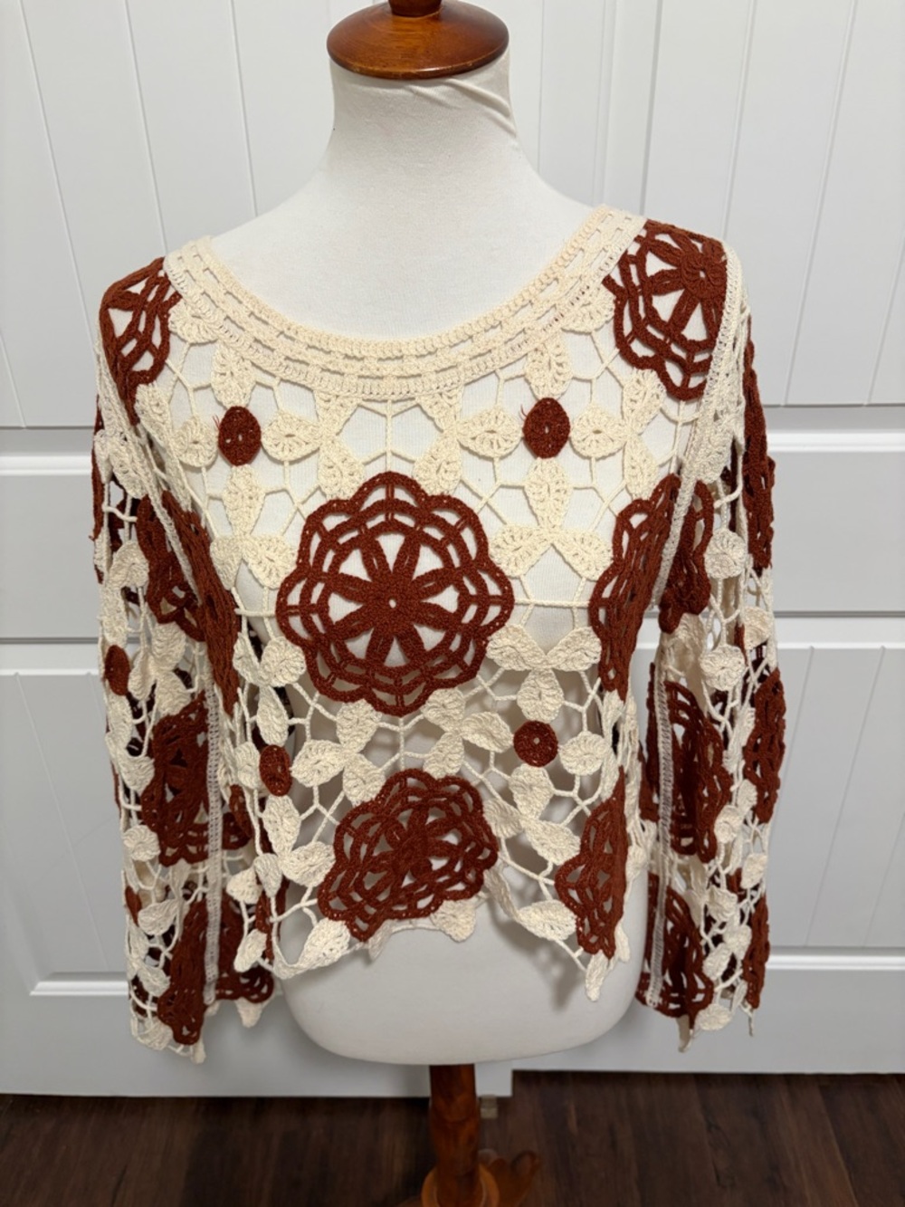 Rebellion Crochet Floral Open-Weave Sweater - Cream & Brown